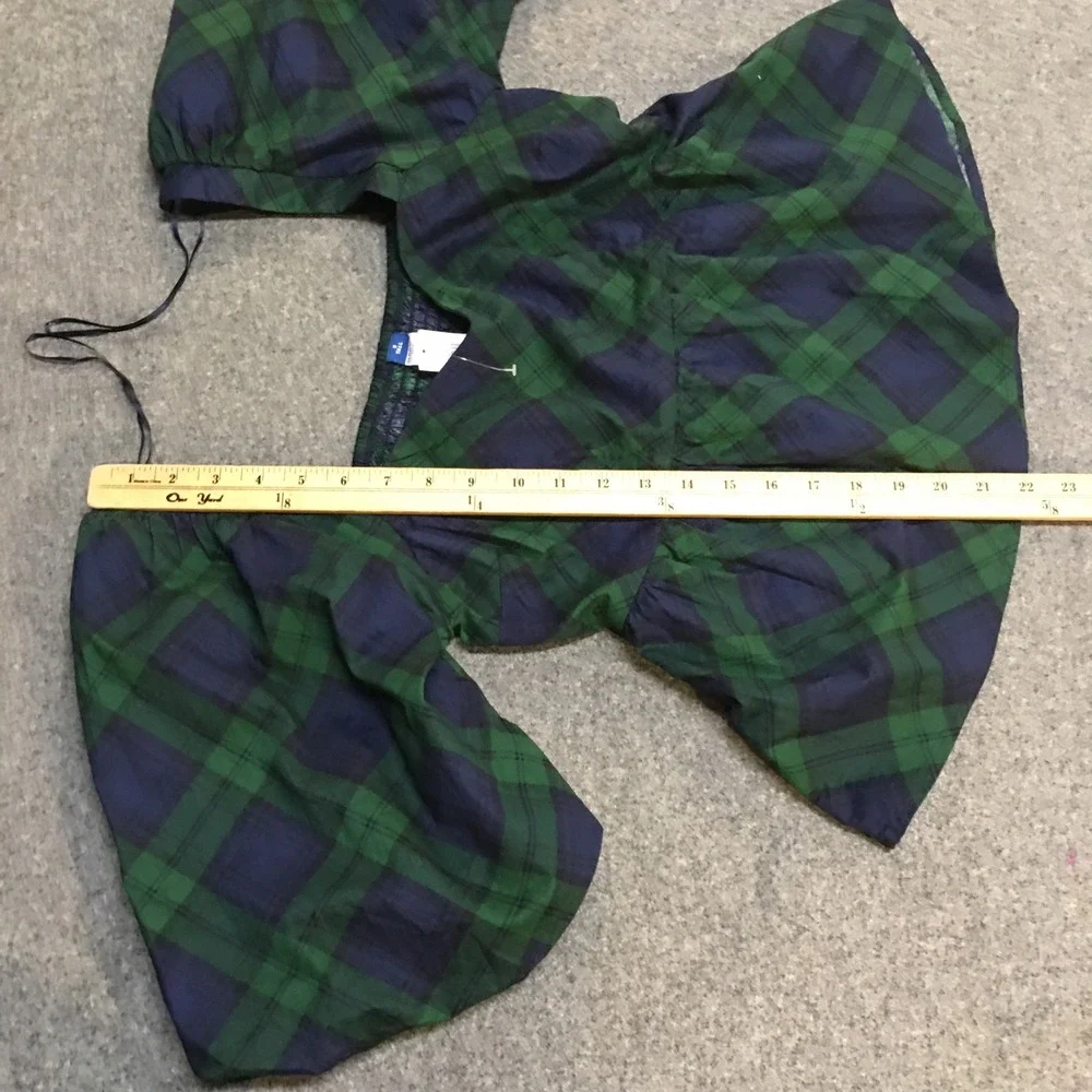 Old Navy Plaid Puff Sleeve Blouse Women Small Tall Green Navy Peplum Top
